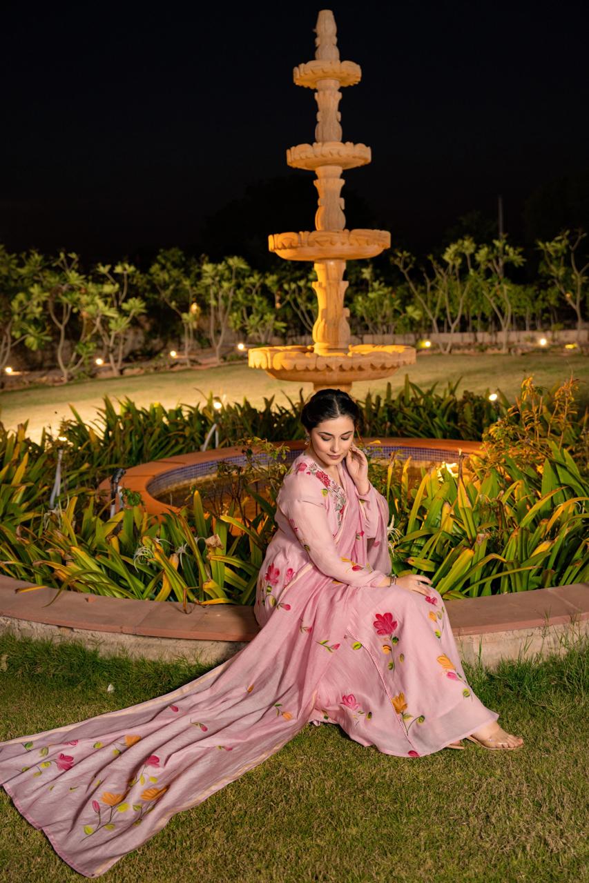 Pink pure mul chanderi with full thread embroidery on neck line designer three piece set (P1897)