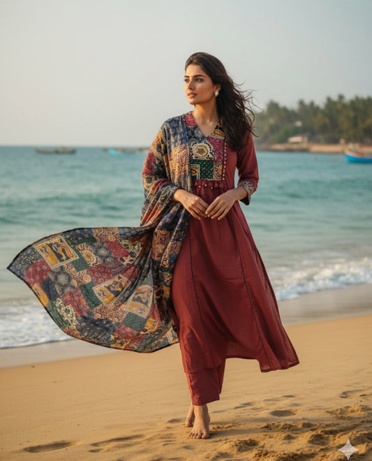 Mahroon pure cotton three piece set (A1246)