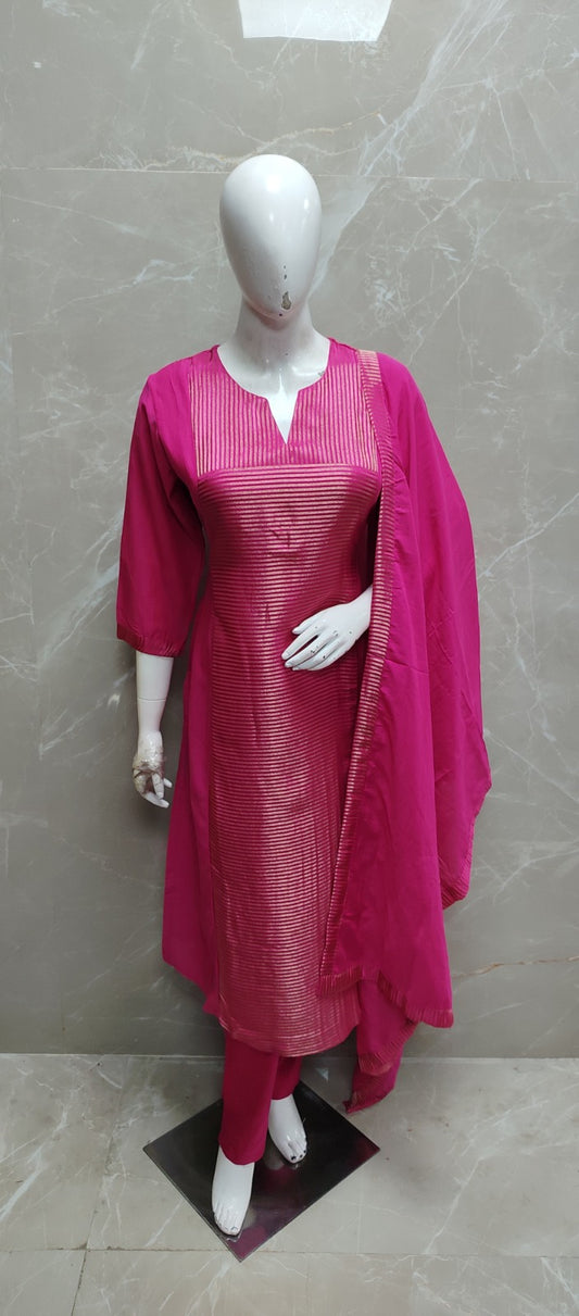 Pure mul chanderi with tissue zari front and back three piece set (B365)