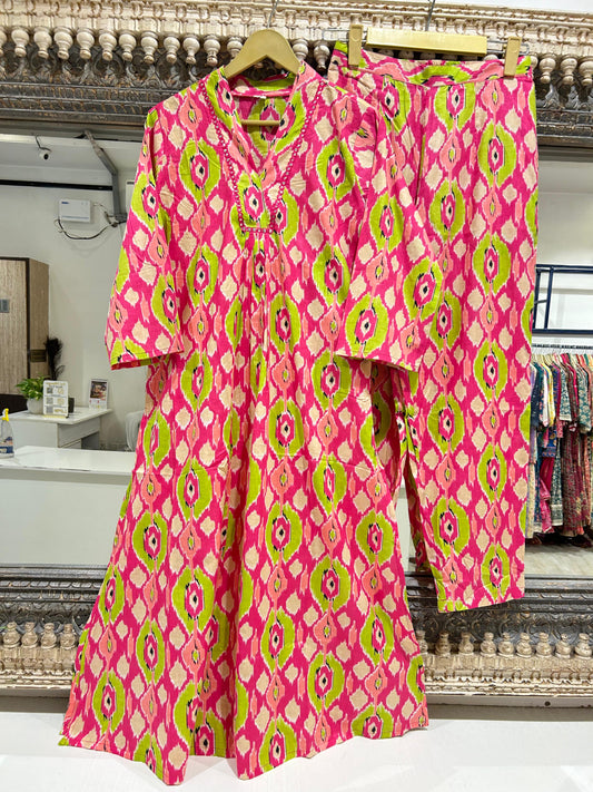 Pink with neon green pure cotton two piece cordset (T82)