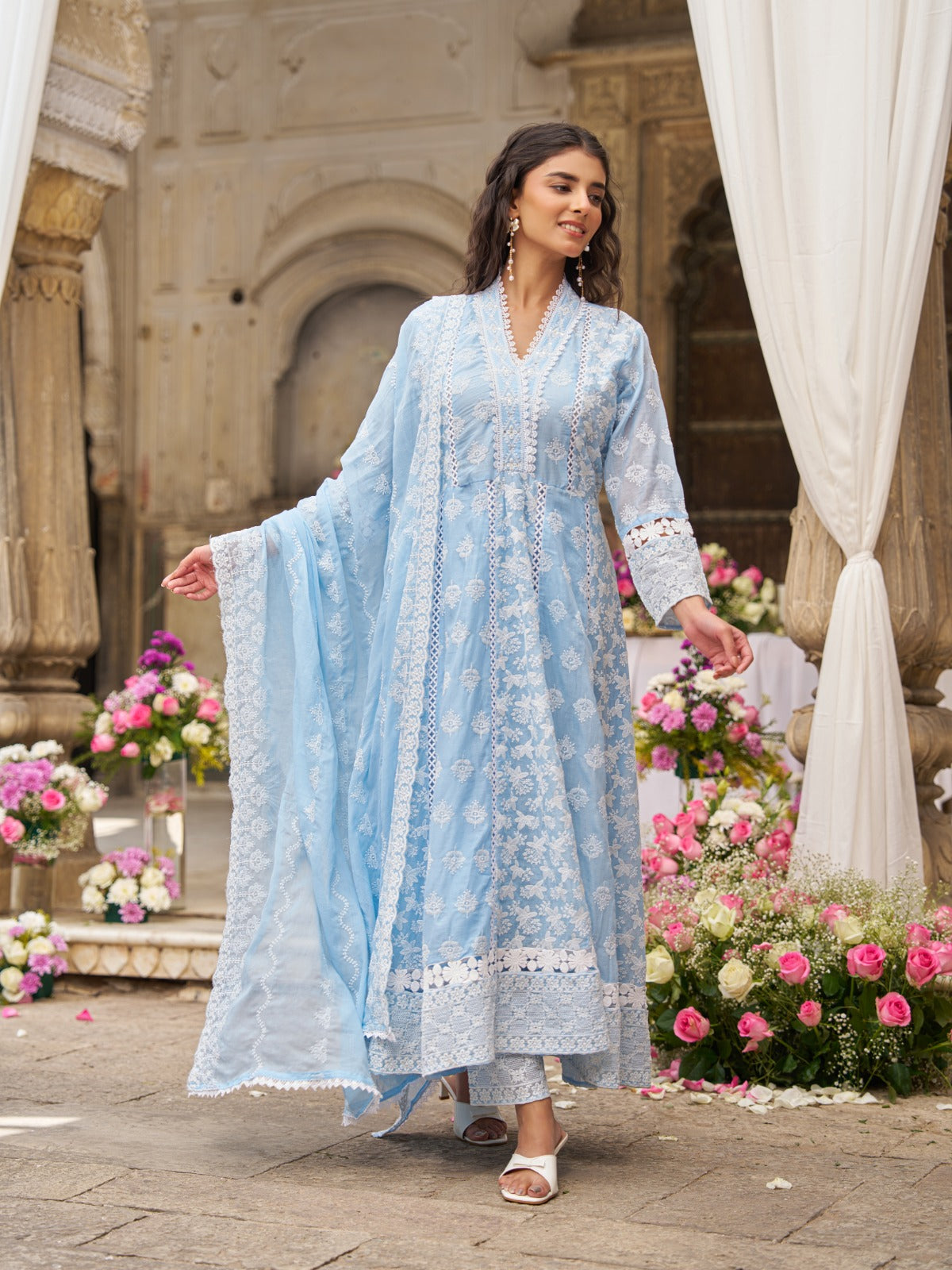 Powder blue full chikankari flared anarkali three piece set (A1779)