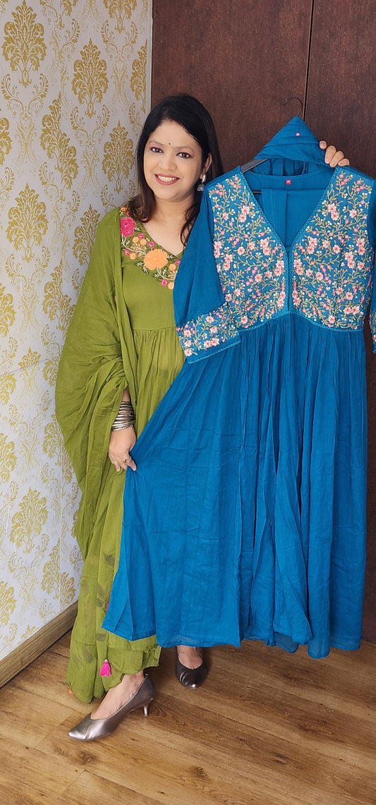 Firozi blue mul cotton with thread work three piece set (T66)