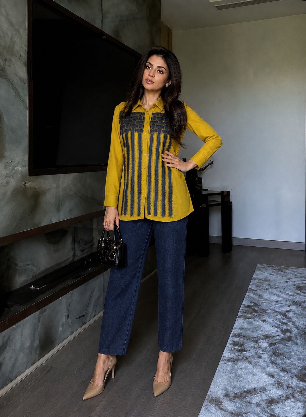 Soft denim with denim applique work on top smart two piece cordset (S113)