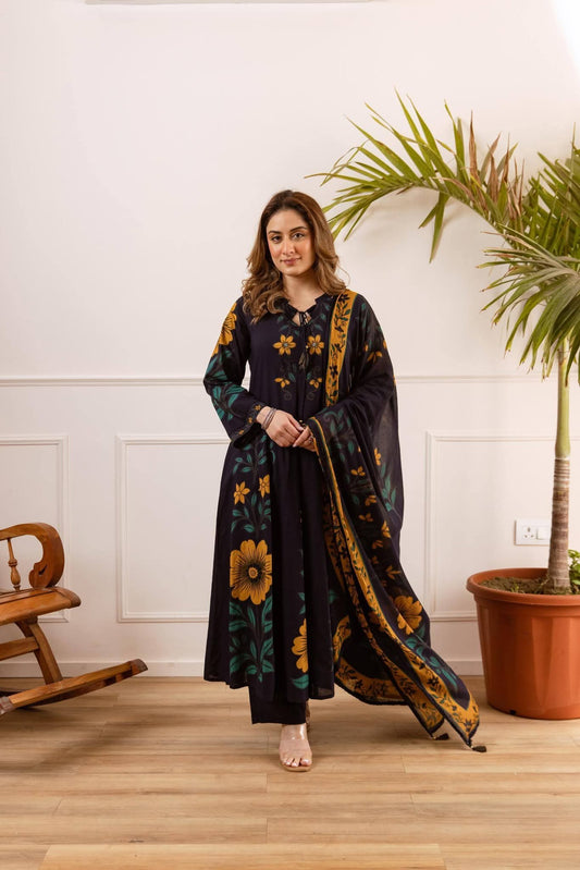Pure cotton flared printed dark blue colour anarkali three piece set (A1903)