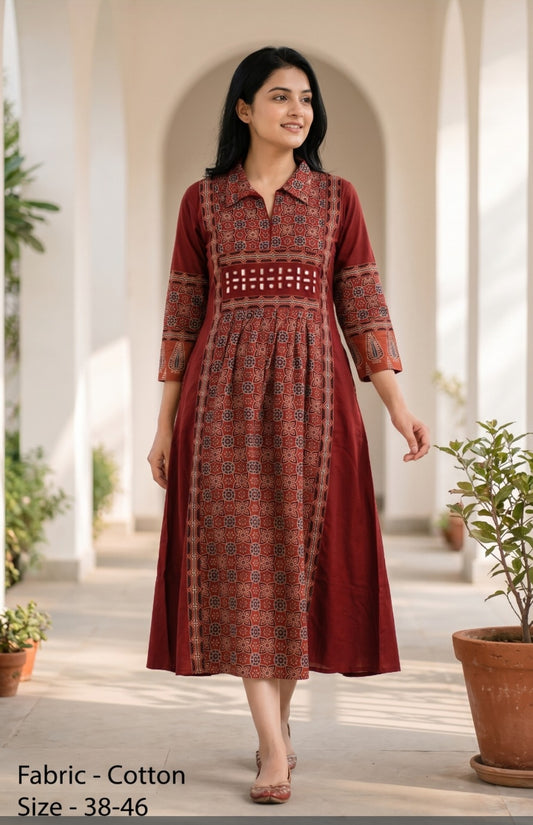 Handloom cotton ajrakh print smart one piece dress (B905)