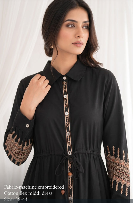 Handloom cotton with thread work smart one piece dress (S164)