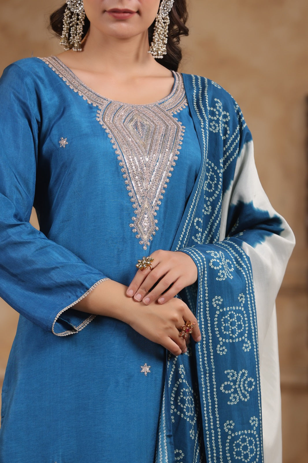 Blue pure silk withheavy work on neck line and bandani  dupatta (P1305)