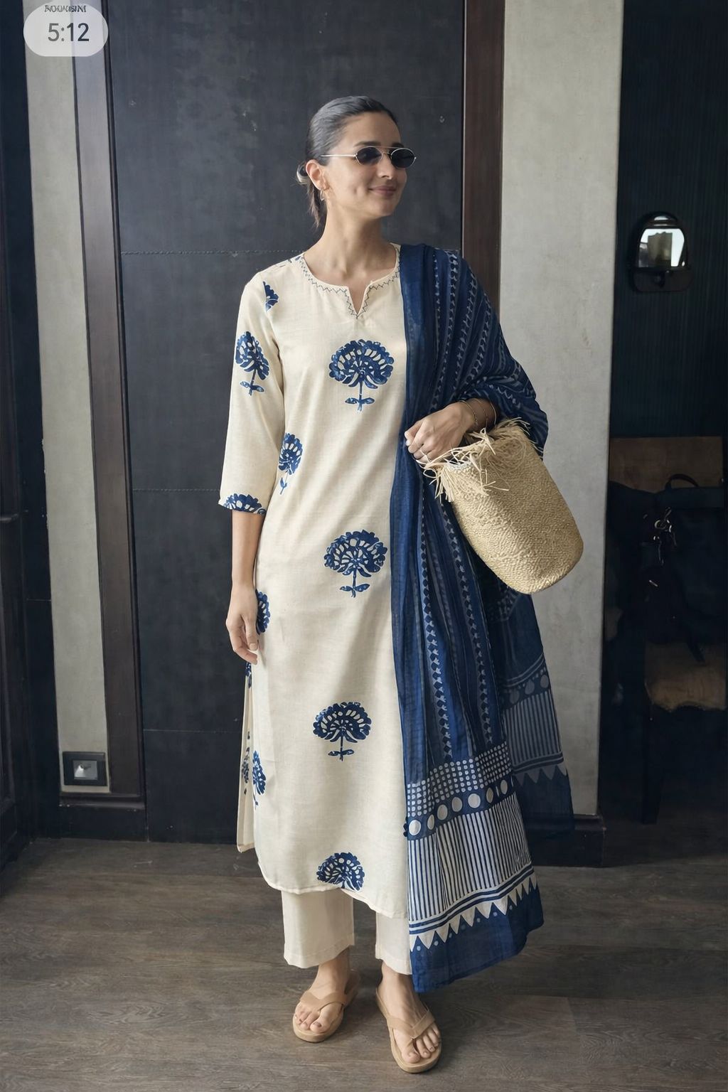 Pure cotton linen with indigo print duptta three piece set (B284)