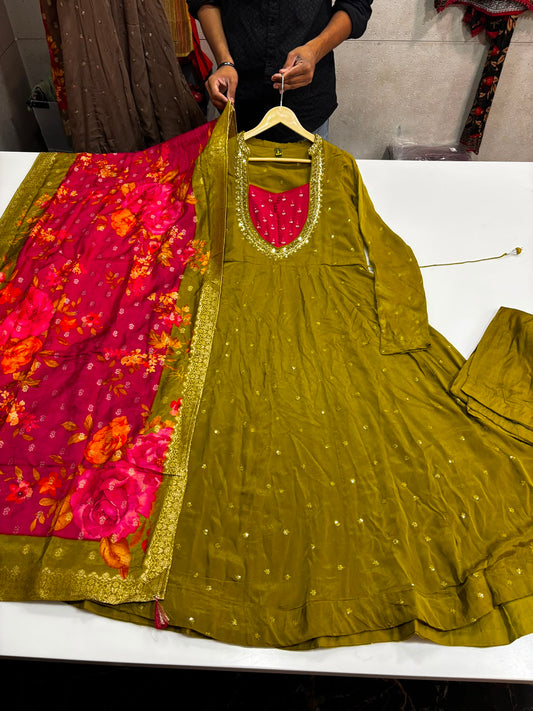 Pure chinnon flared anarkali three piece set (C474)