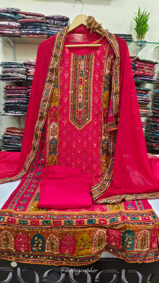 Bright pink pure chinnon with real mirror work three piece set (A989)