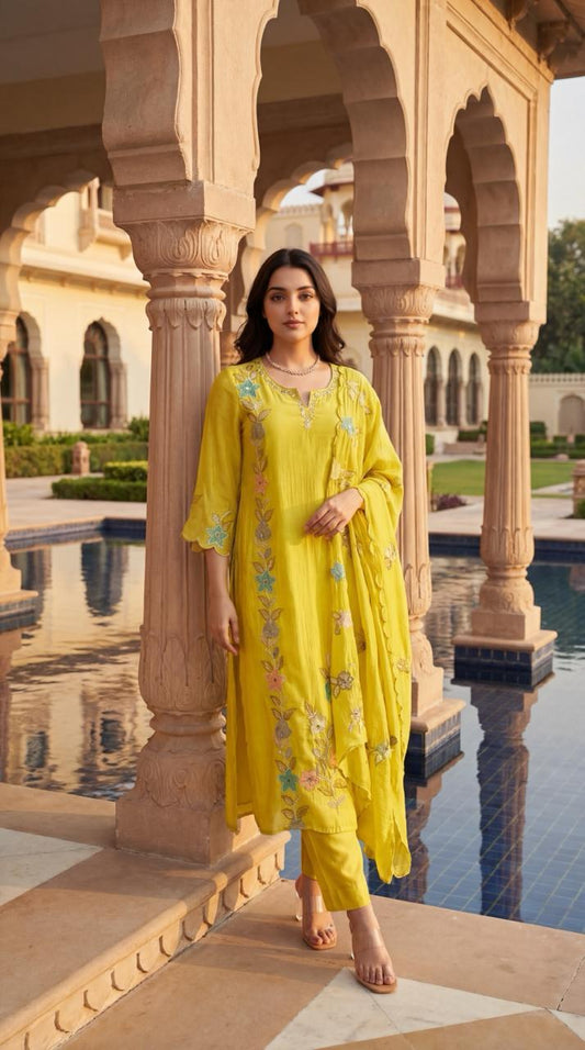 Pure mul chanderi with full thread work three piece set (B108)