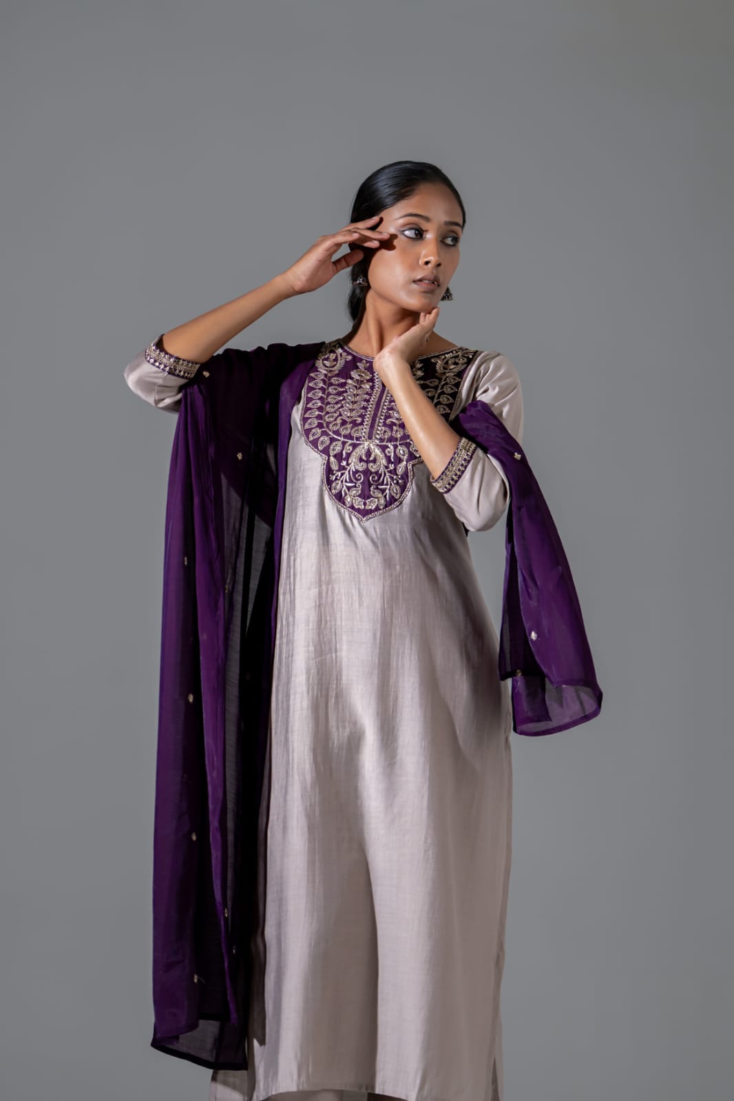 Grey with purple pure muslin three piece set (A610)