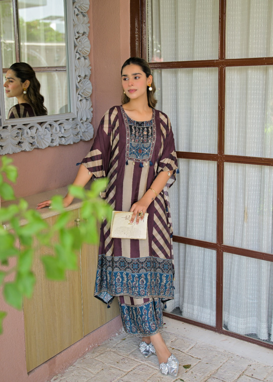 Pure muslin strips kaftan set (B995)