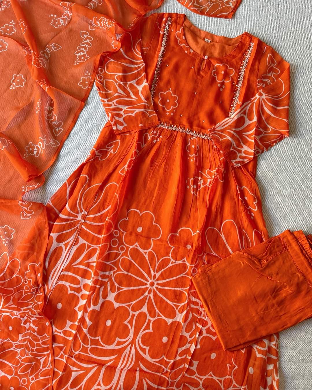 Orange pure organza A line with mul lining three piece set (T159)