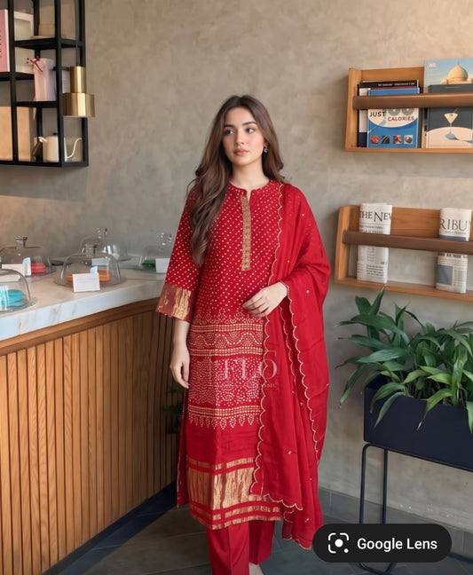 Pure gaji silk with lagdi border three piece set (C618)