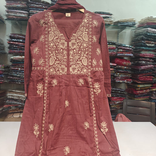 Purple A line with lining fully chikankari three piece set   (P2254)