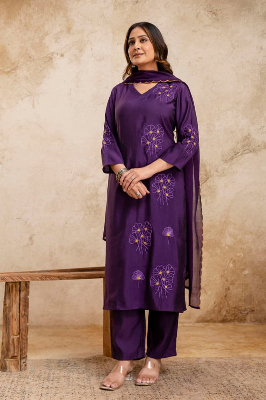 Purple pure Muslin thread work three piece set (A1350)