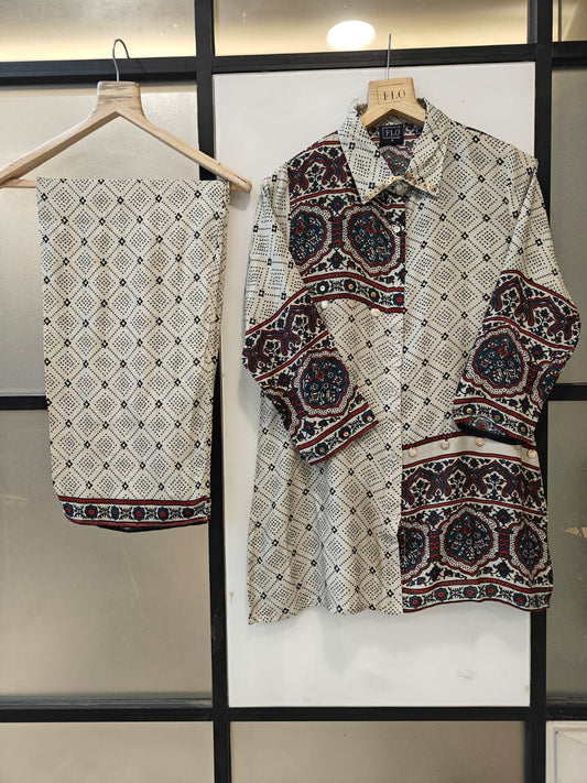 Pure crape Ajrakh print two piece cordset (B547)