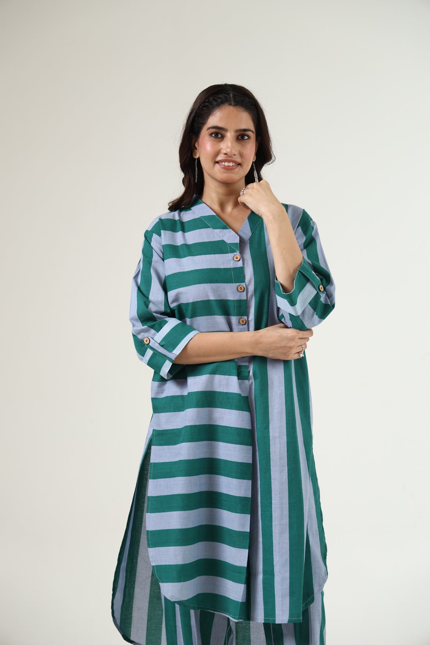 Light Blue with green pure cotton strips two piece cordset   (A527)