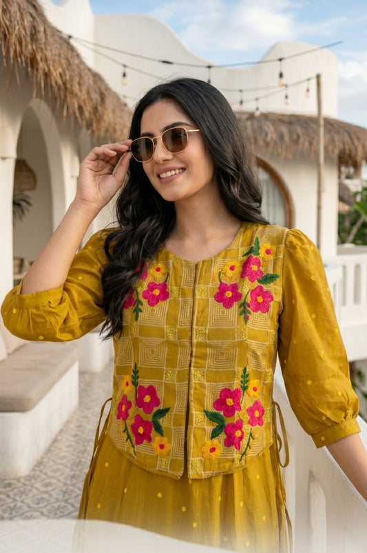 Pure mul chanderi with embroidered jacket A line designer two piece cordset (B821)