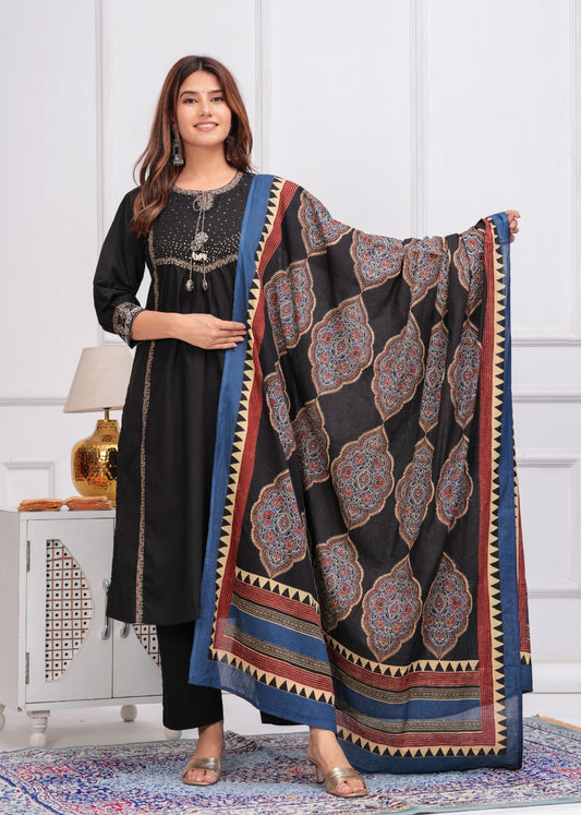 Black pure cotton with ajrakh dupatta three piece set (P831)