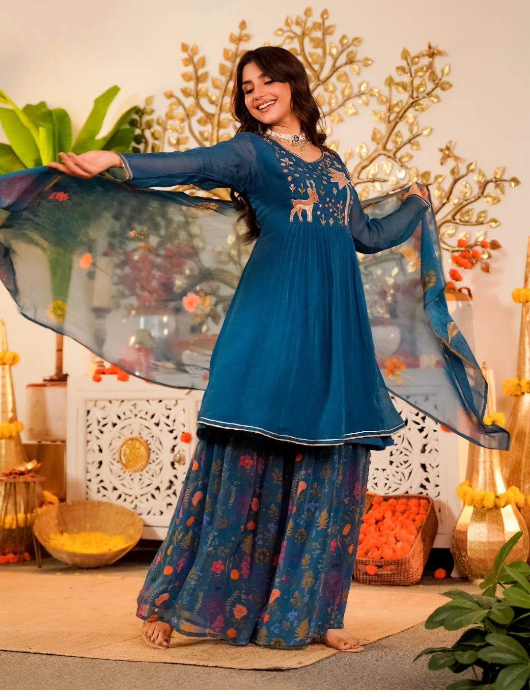 Pure oraganza designer three piece sharara set (A1217)