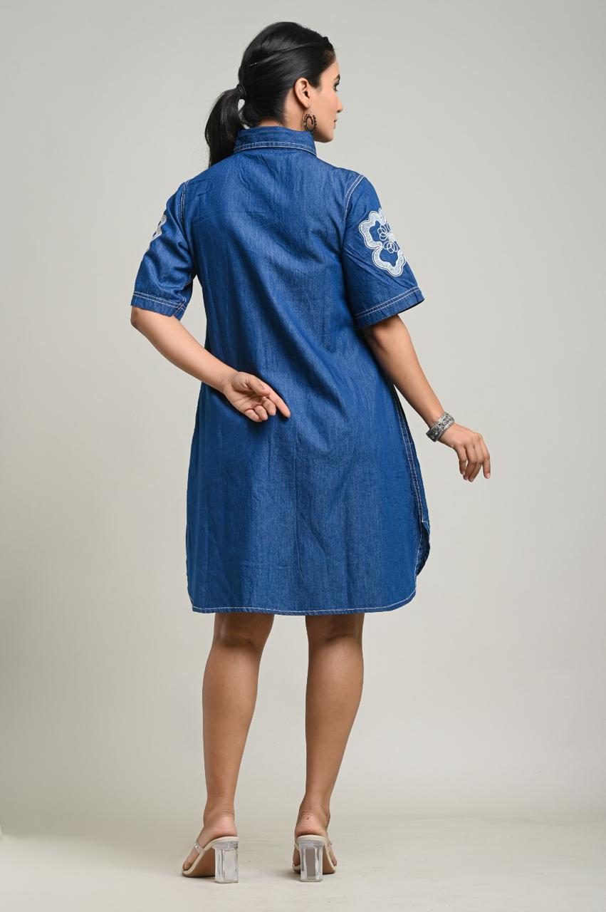 Denim Fully embroidered one piece dress (A1560)