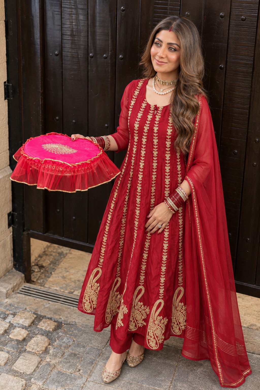 Pure banarasi mul chanderi shoulder anarkali three piece set (C739)