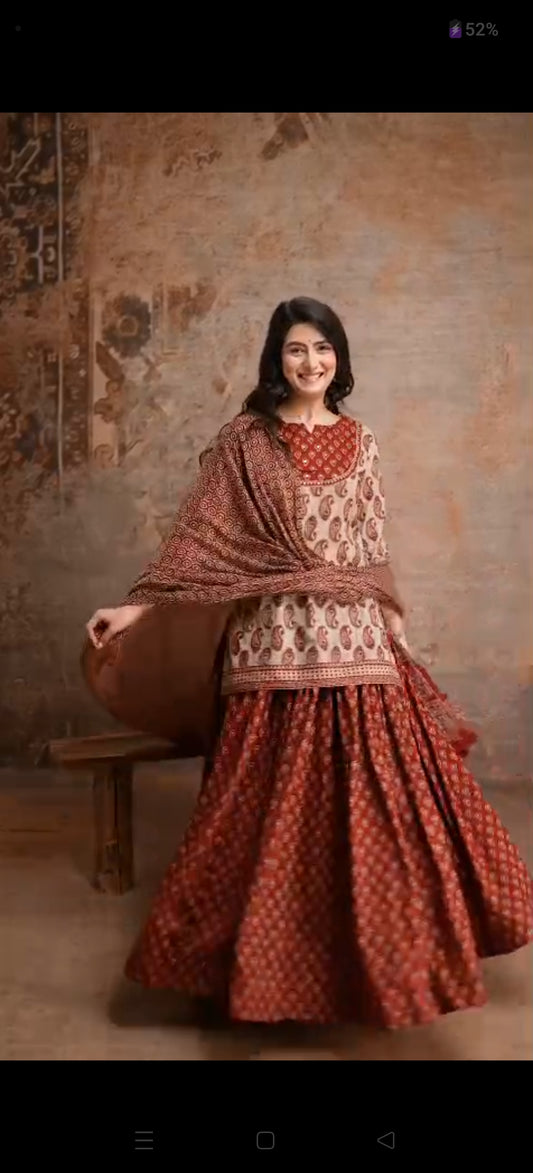 Pure cotton flared skirt with full dupatta three piece set (S154)