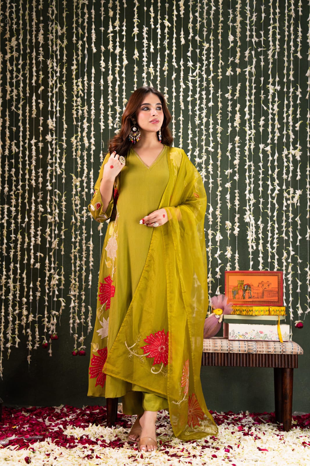 Green crush mul chanderi with full work three piece set (A921)