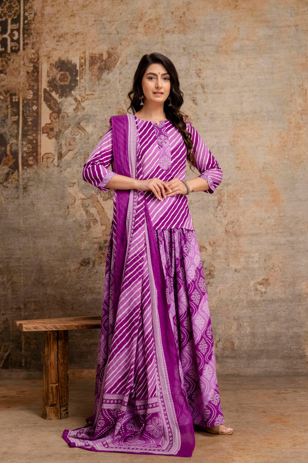 Pure cotton lehriya with flared skirt three piece set (S157)