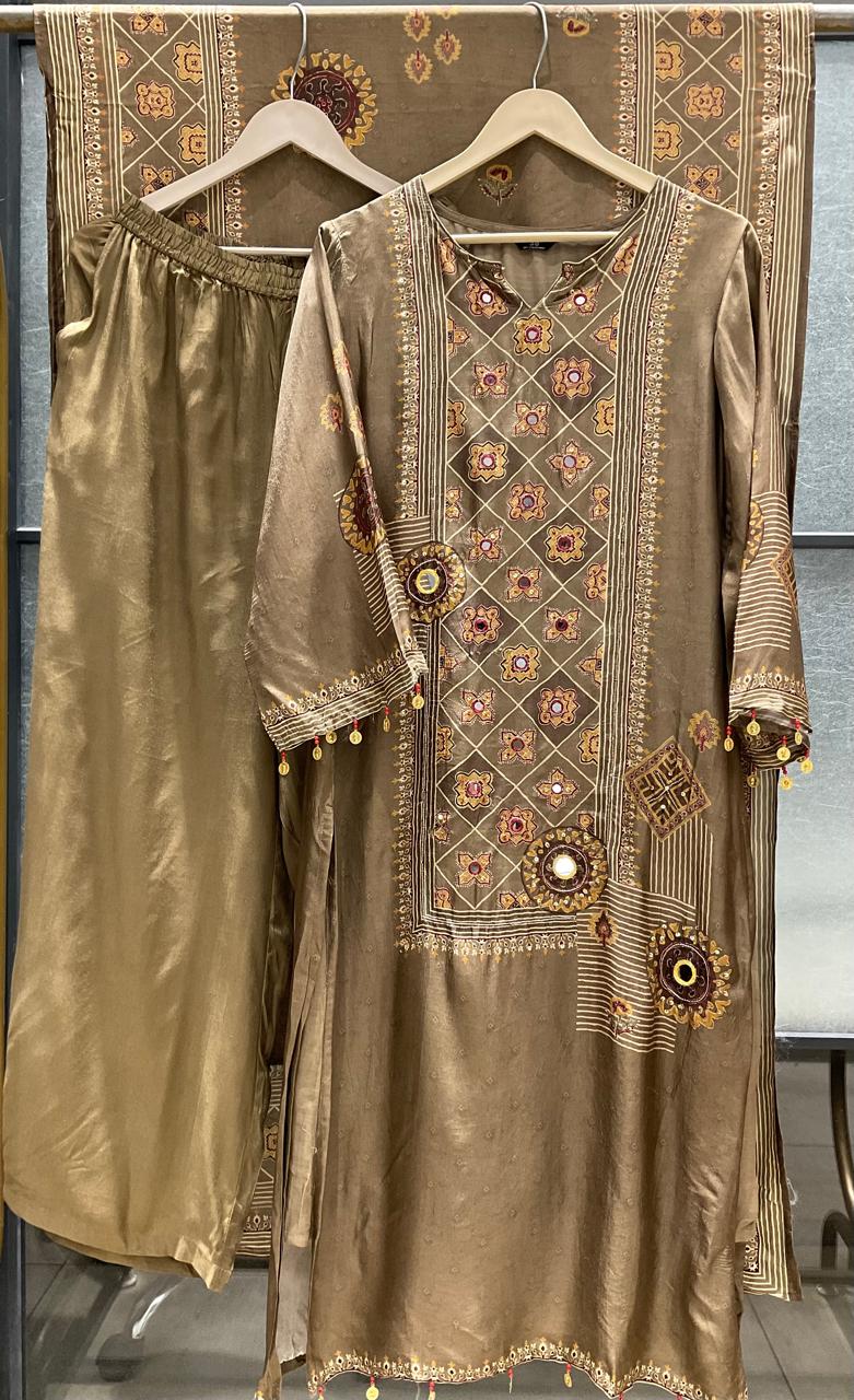 Pure dola silk with lining designer three piece set (C781)