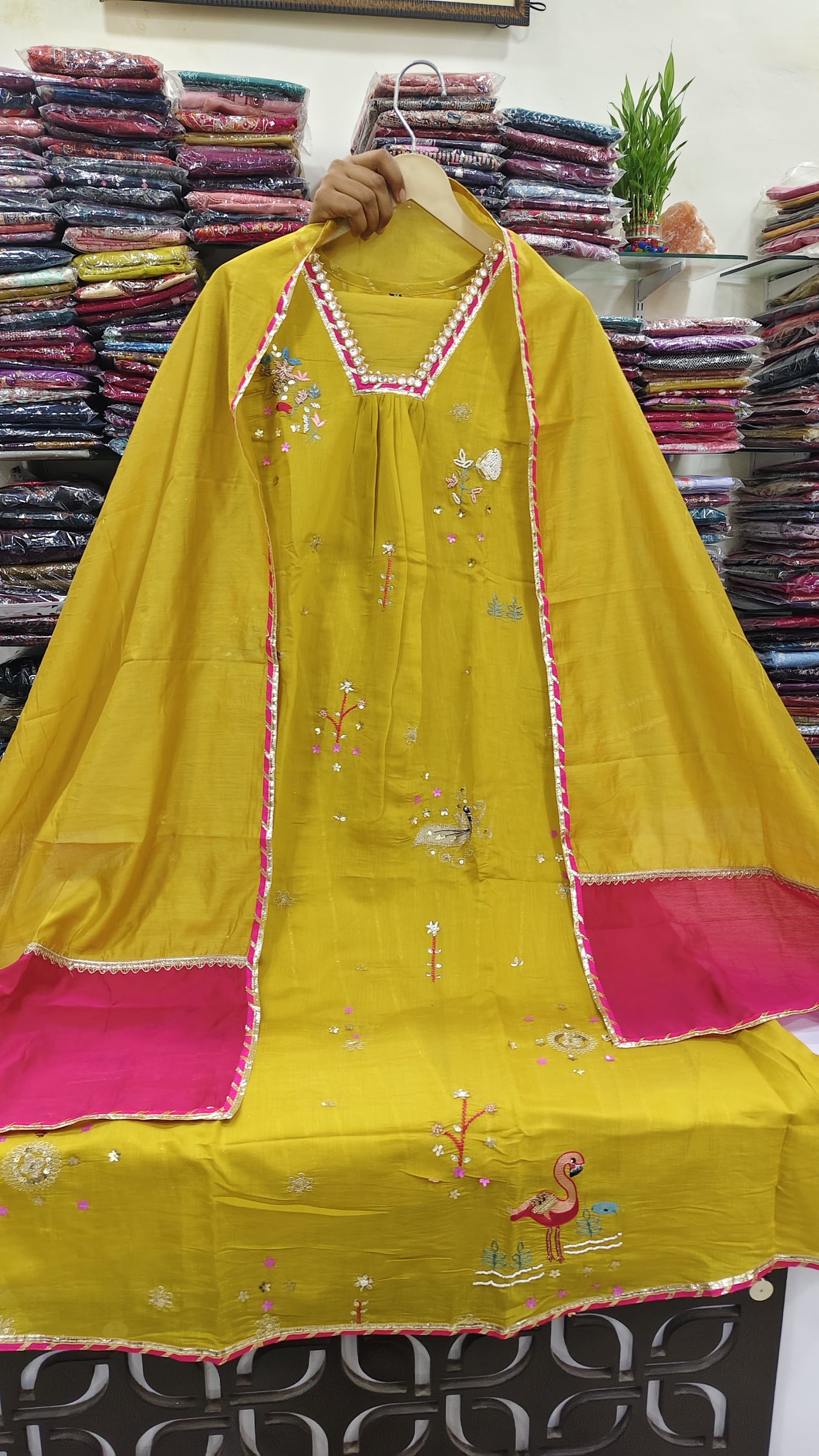 Pure mul chanderi with full gota work three piece set (A1312)