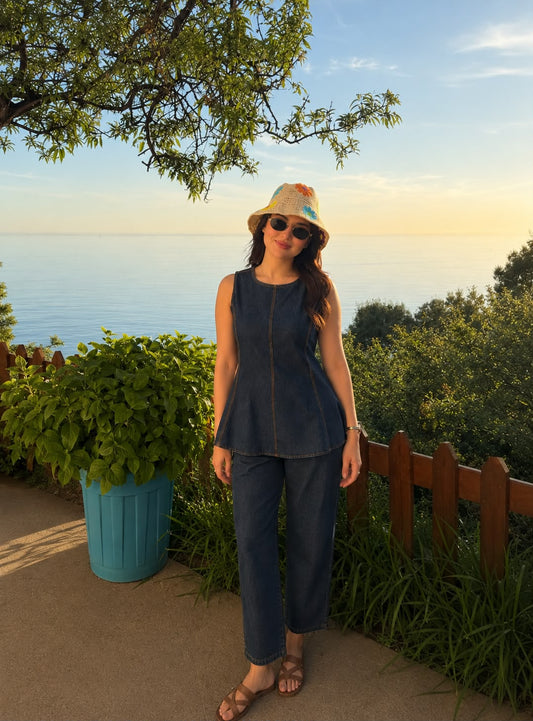 Soft denim with crochet hat smart two piece cordset (S186)