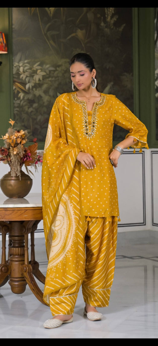 Dola silk with lining real mirror work with farshi salwar three piece set (C569)