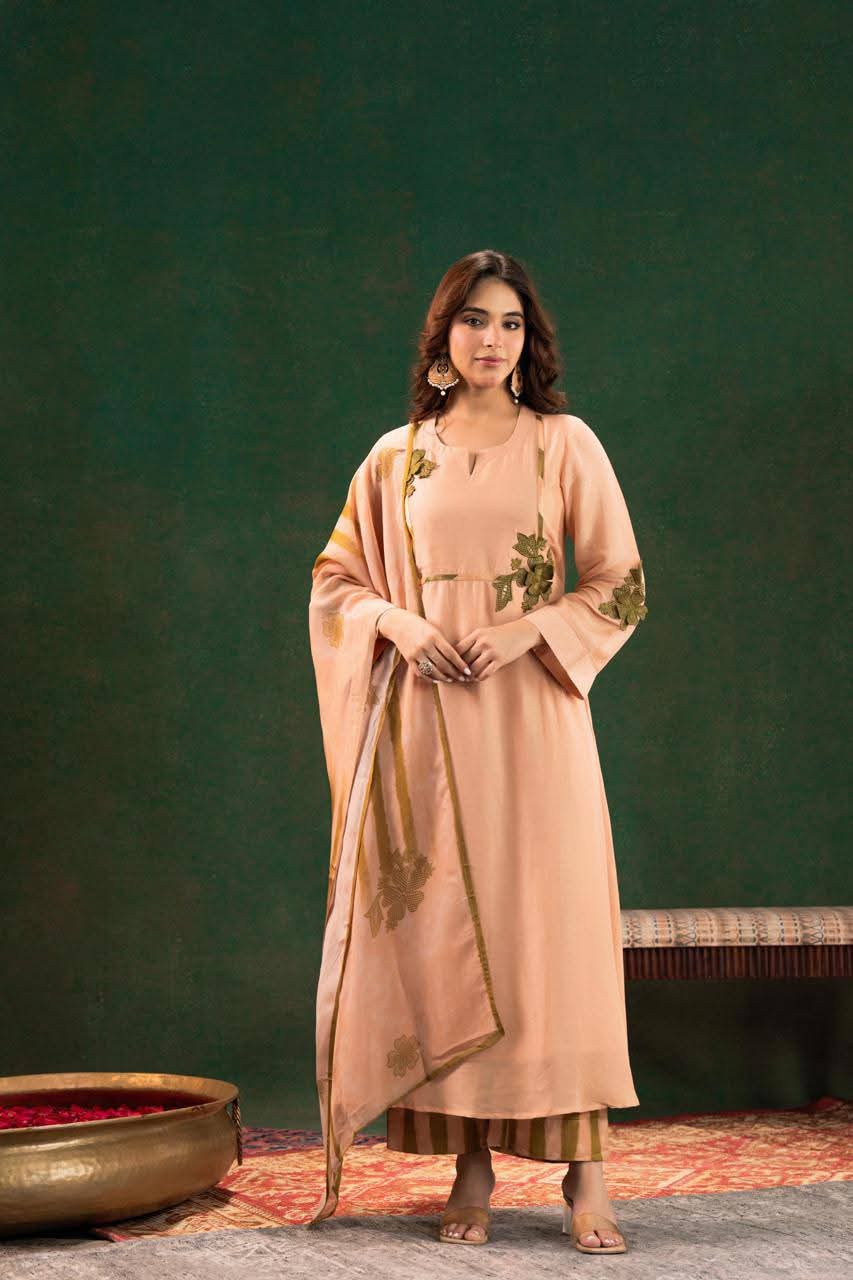 Premium mul silk kurta in digital print with linen striped  pants and organza dupatta (A936)