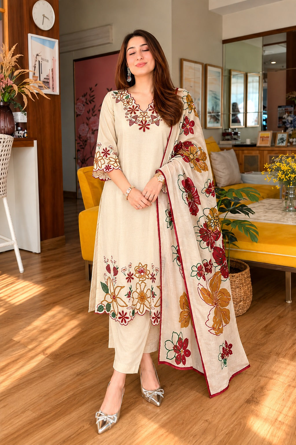 Flex cotton with Fully embroidered and linen dupatta three piece set (B929)