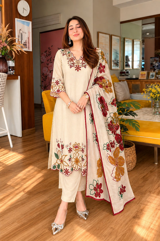 Flex cotton with Fully embroidered and linen dupatta three piece set (B929)