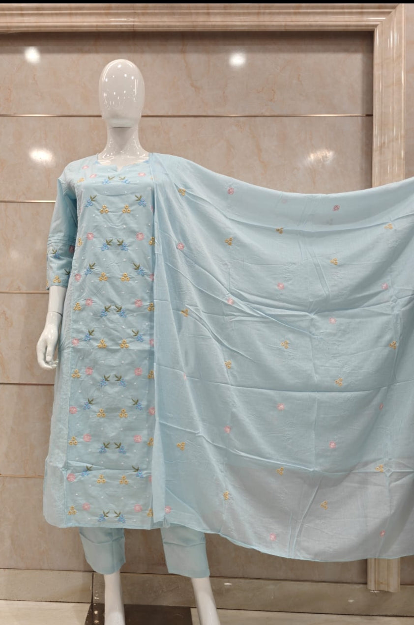 Pure cotton fully thread work with mul lining three piece set (slim fit) (A1338)