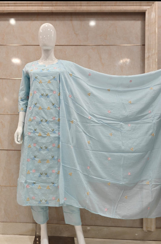 Pure cotton fully thread work with mul lining three piece set (slim fit) (A1338)