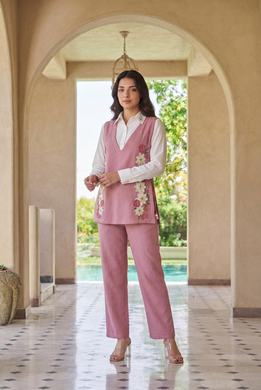 Cotton with embroidered flower smart three piece cordset (S158)