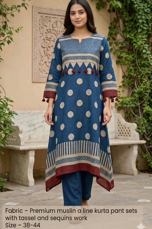 Pure muslin polka dot A line with tassels smart two piece cordset (B307)