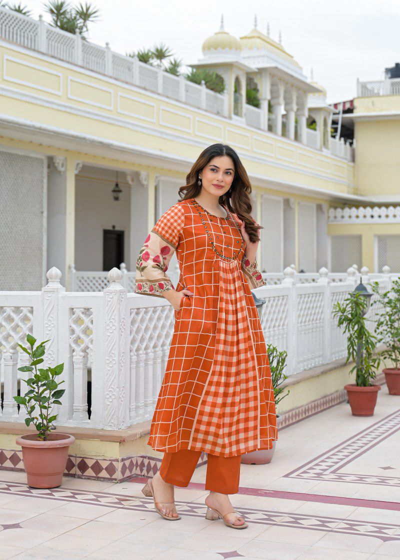 Mul cotton with lining A line pattern with both side deep mobile pocket two piece cordset (S114)