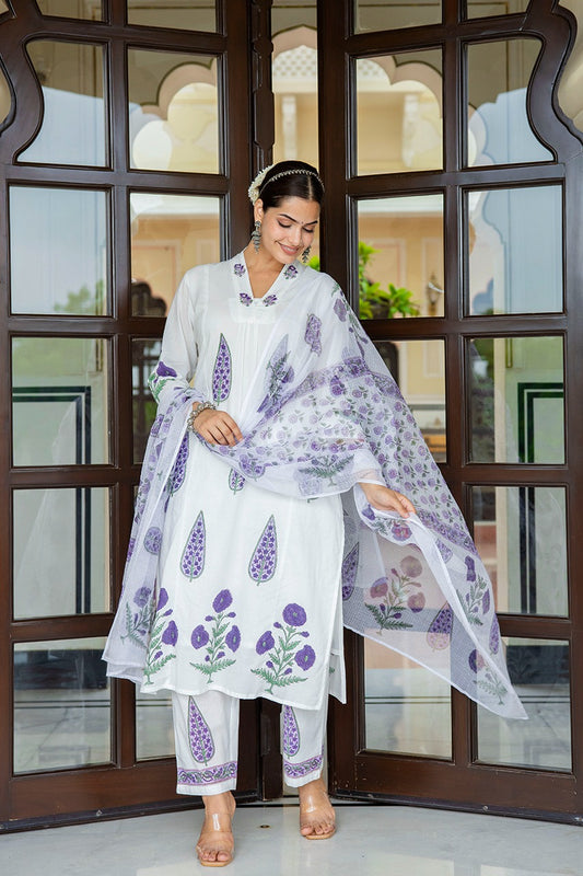 White with purple pure cotton with lining block print and kota dupatta three piece set (P760)