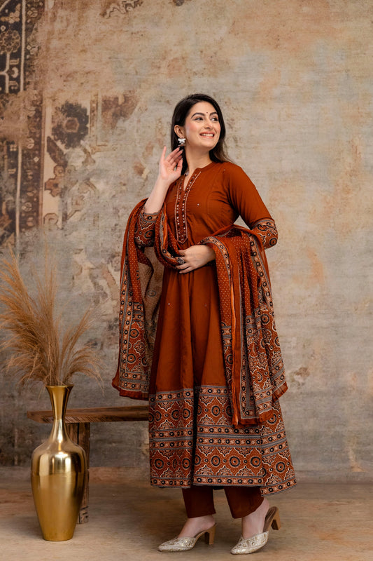 Pure cotton flared anarkali three piece set (B670)