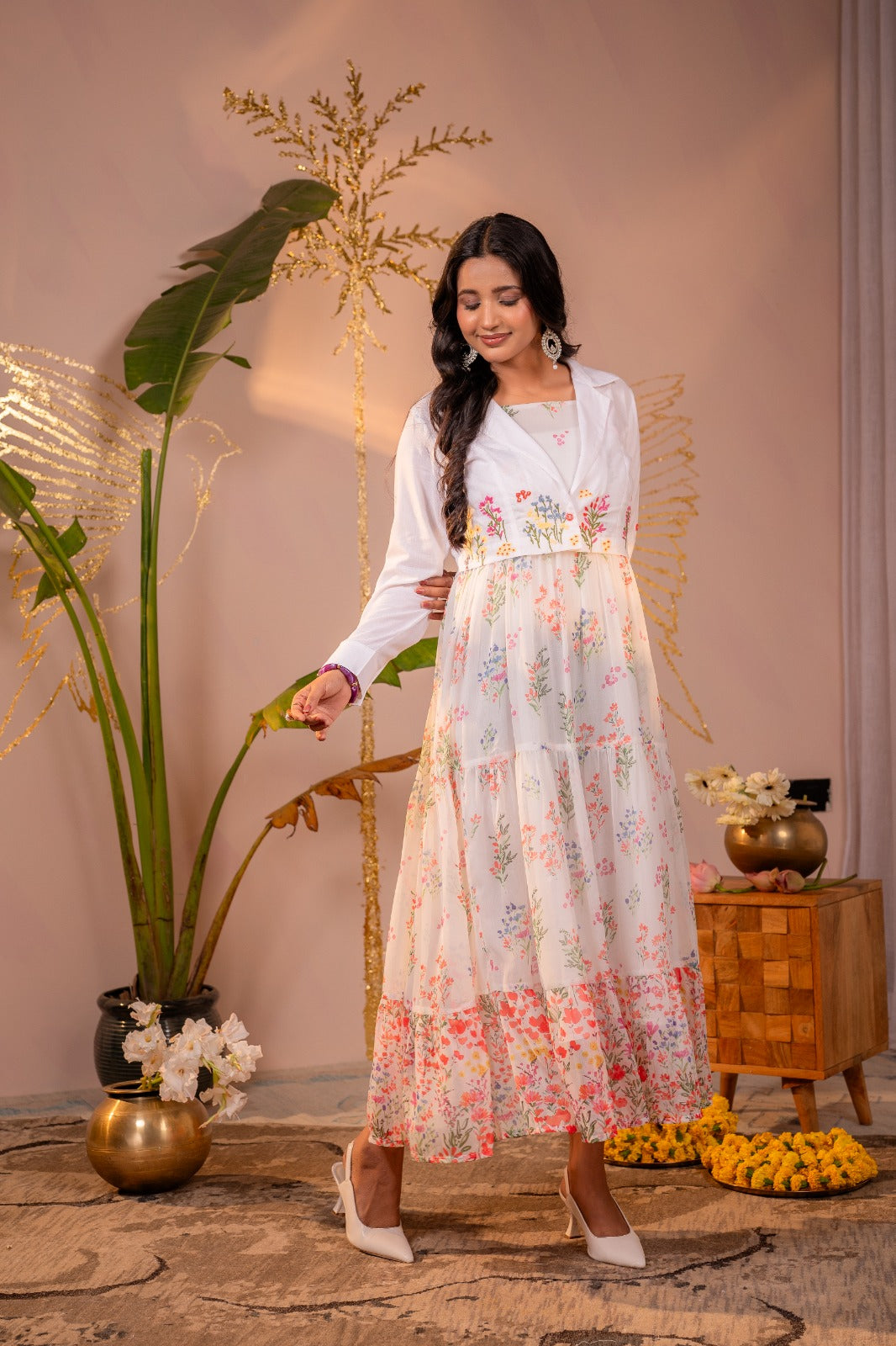shrug with maxi dress Pure chiffon with detachable shrug smart dress (B735) – Attire By Ayaana