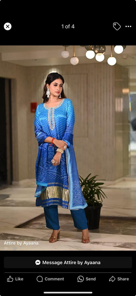 Blue pure gaji silk three piece set (P807)