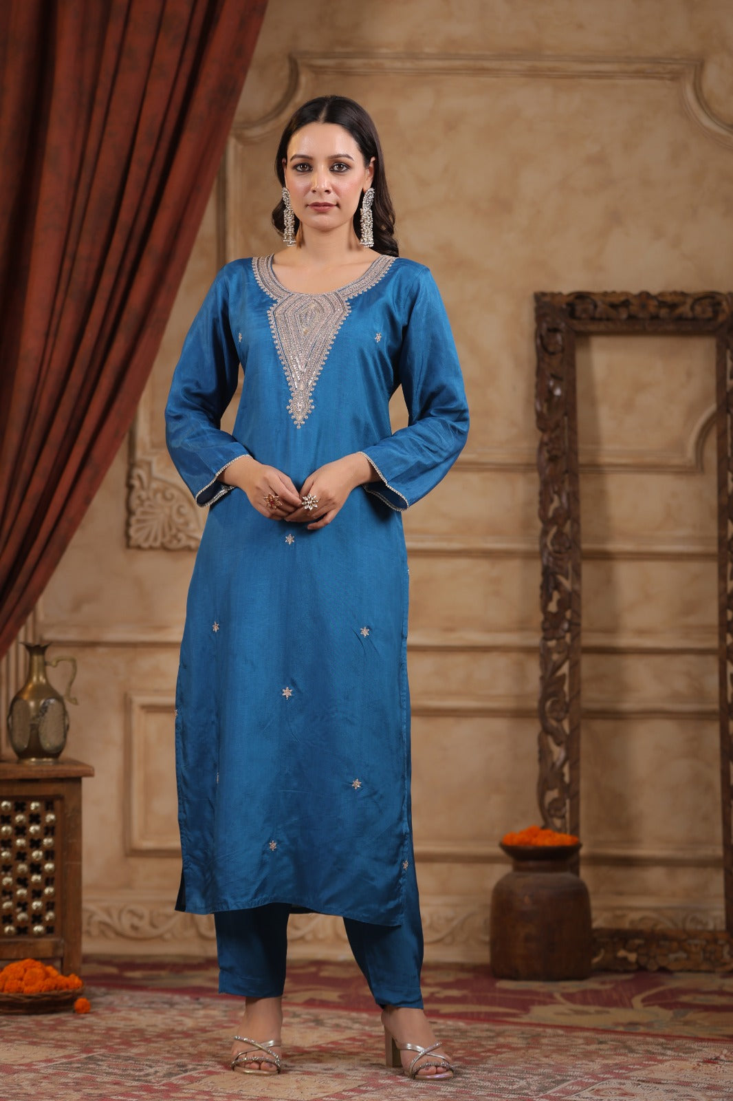 Blue pure silk withheavy work on neck line and bandani  dupatta (P1305)