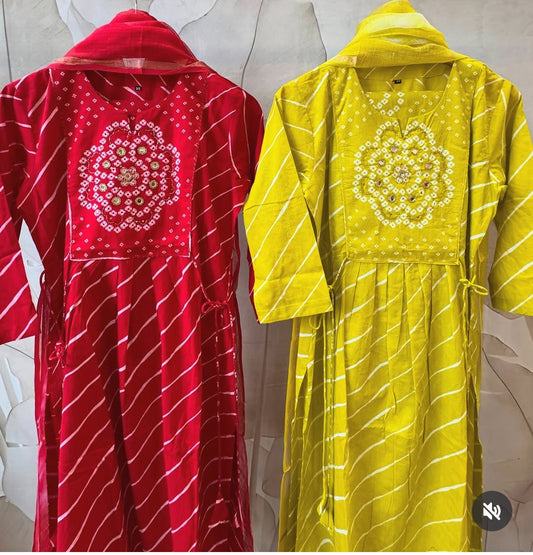 Red pure cotton lehriya with badani three piece set (A307)