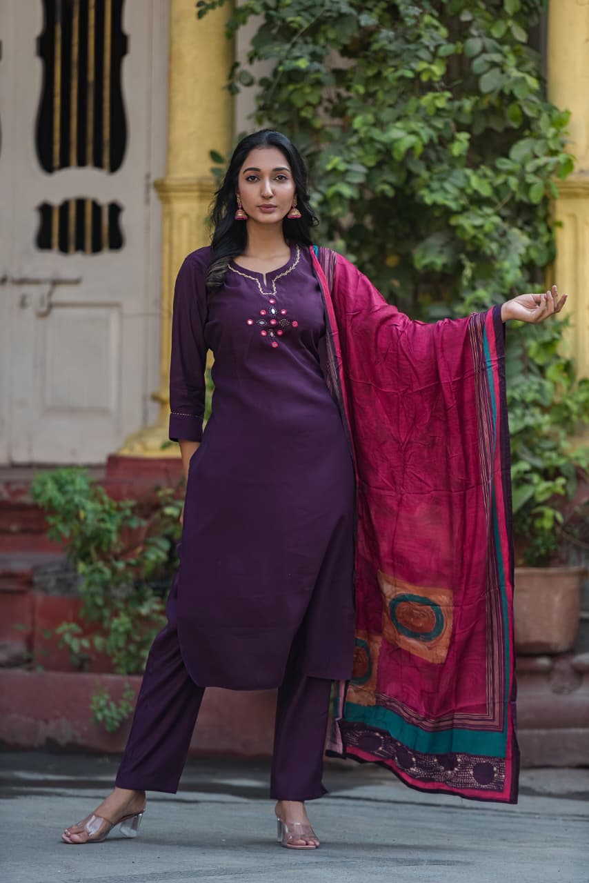 Pure muslin with real mirror work designer silk dupatta three piece set (A1271)